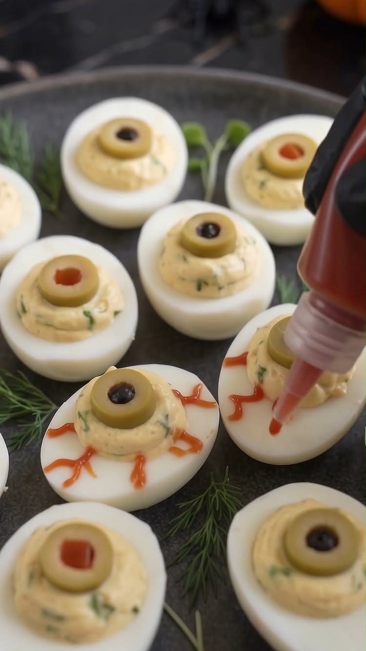 Deviled eggs decorated as eyeballs with olive slices and red sauce on a plate.