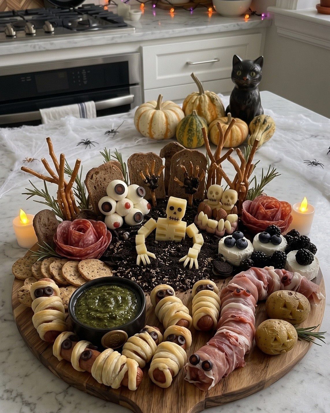 Halloween snack board featuring mummy dogs, a cheese skeleton, and spooky appetizers.