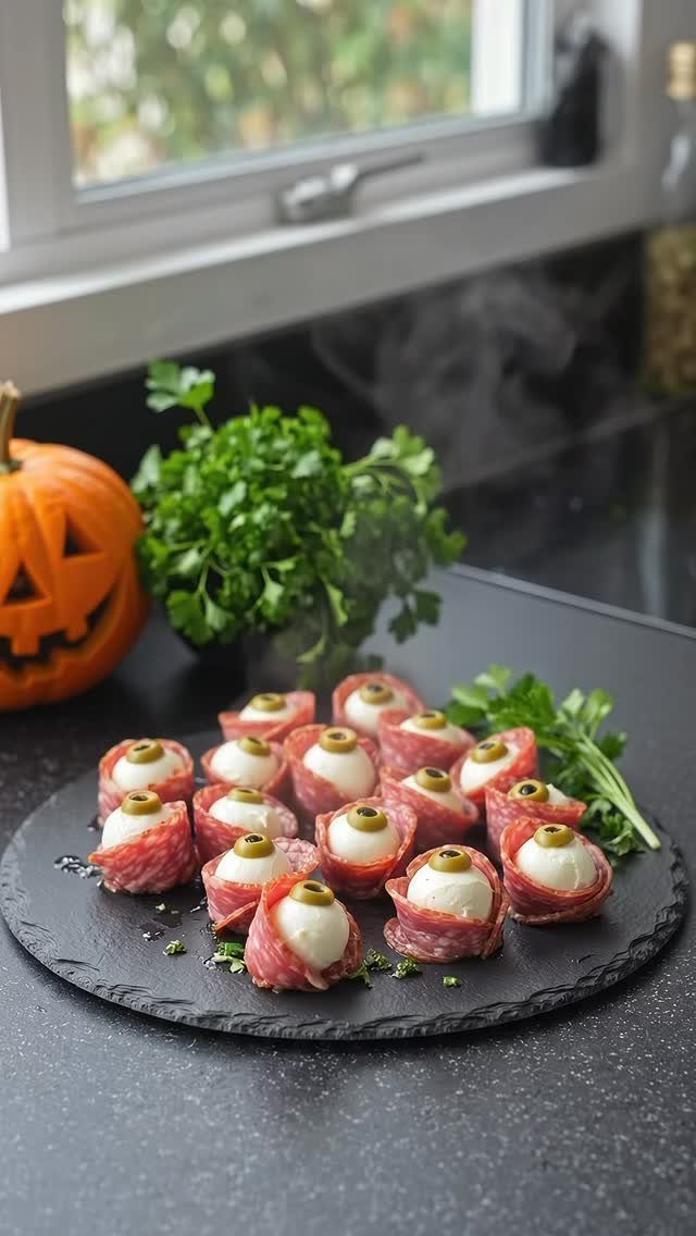 Salami and mozzarella eyeball appetizers on a black slate platter with a pumpkin.