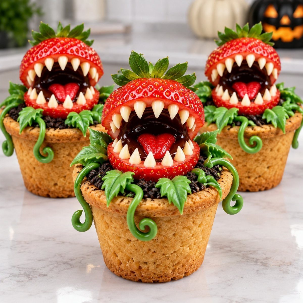 Strawberry monster cupcakes with sharp teeth and green frosting on marble surface