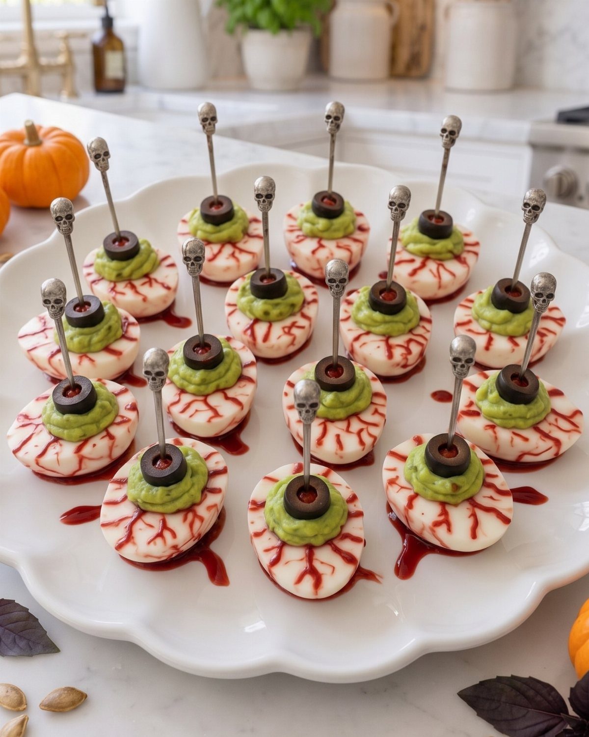Deviled eggs decorated as bloodshot eyeballs with green filling and skull toothpicks.
