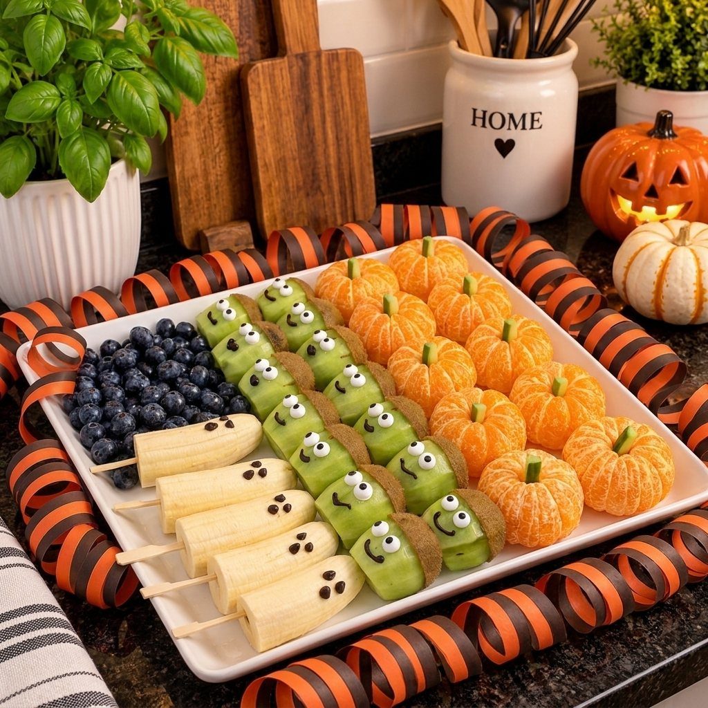 Halloween fruit tray with banana ghosts, grape monsters, and mandarin orange pumpkins.