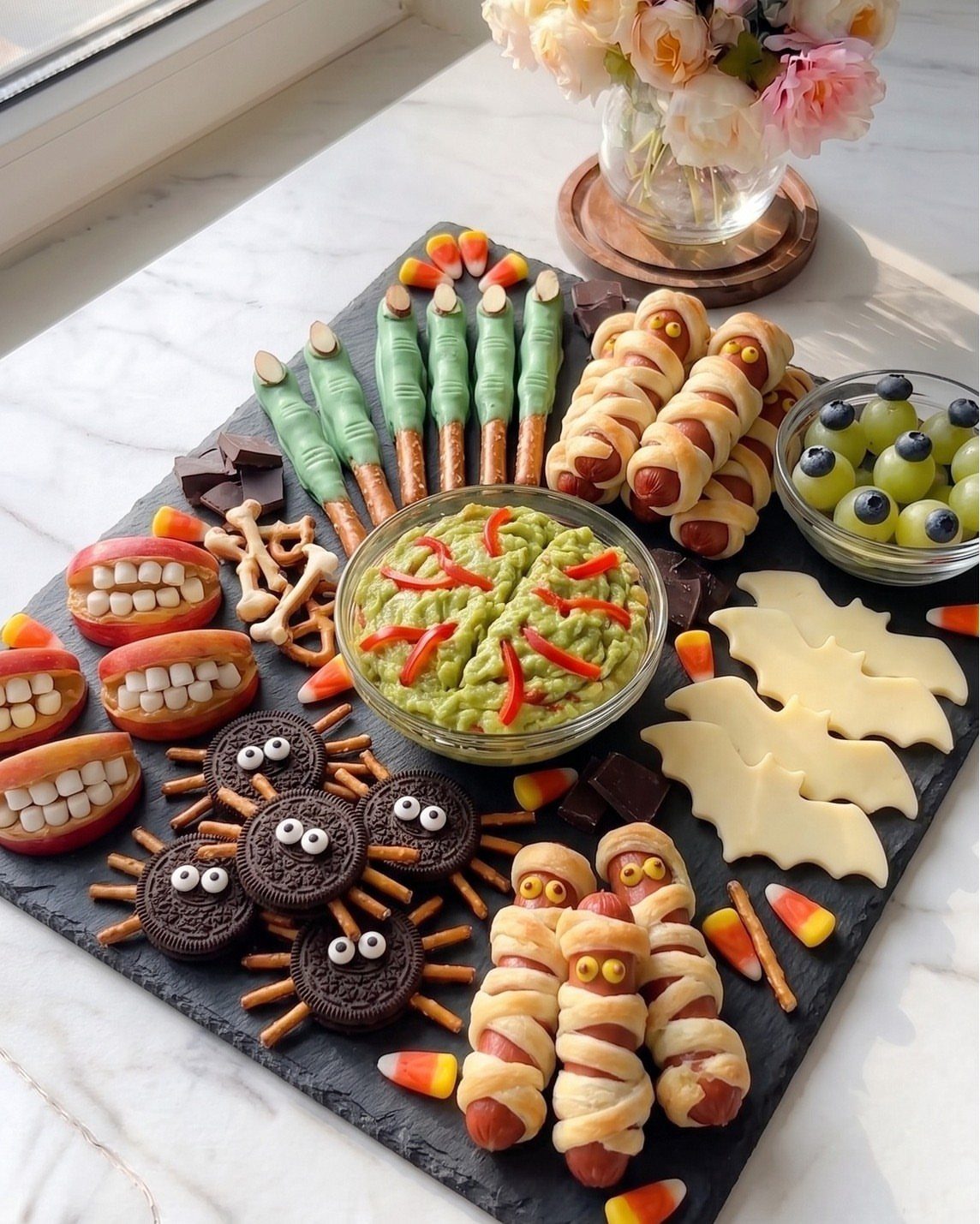 Halloween snack board with mummy dogs, spider cookies, and guacamole on black slate.