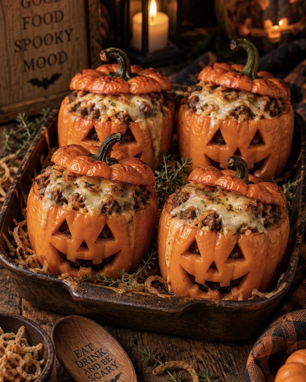 Jack-o'-lantern stuffed orange bell peppers with melted cheese in a rustic baking pan.