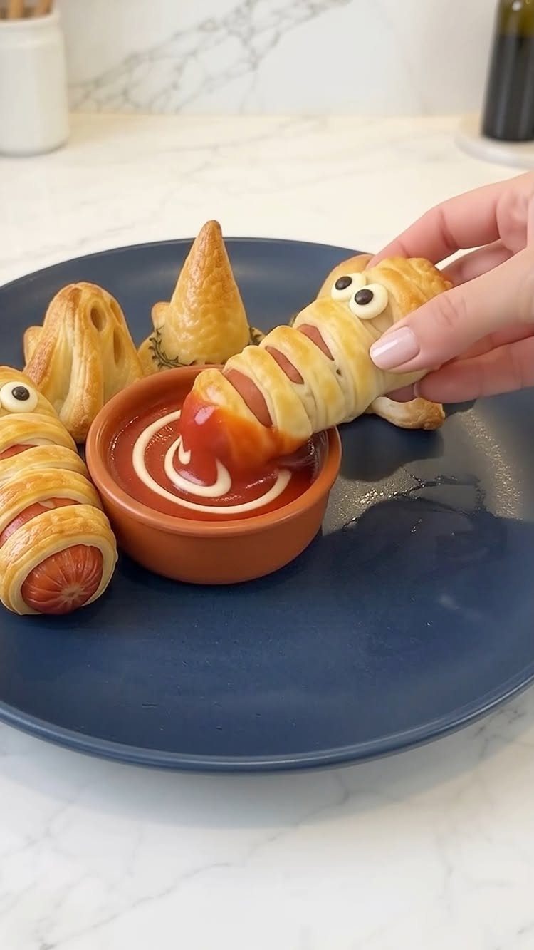 Mummy mini hot dogs wrapped in pastry being dipped into red ketchup.