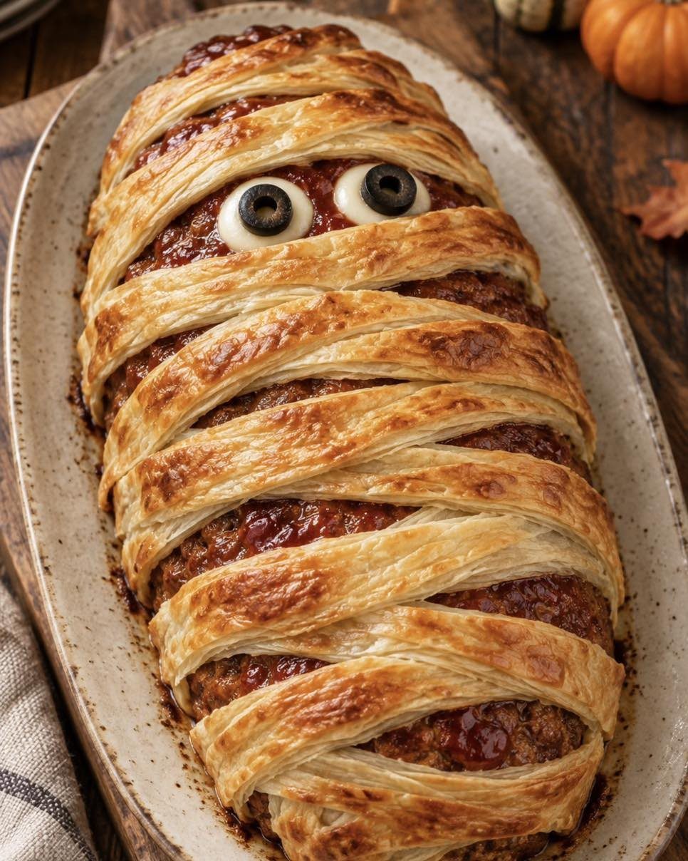 Mummy meatloaf wrapped in pastry strips with olive eyes on a platter.