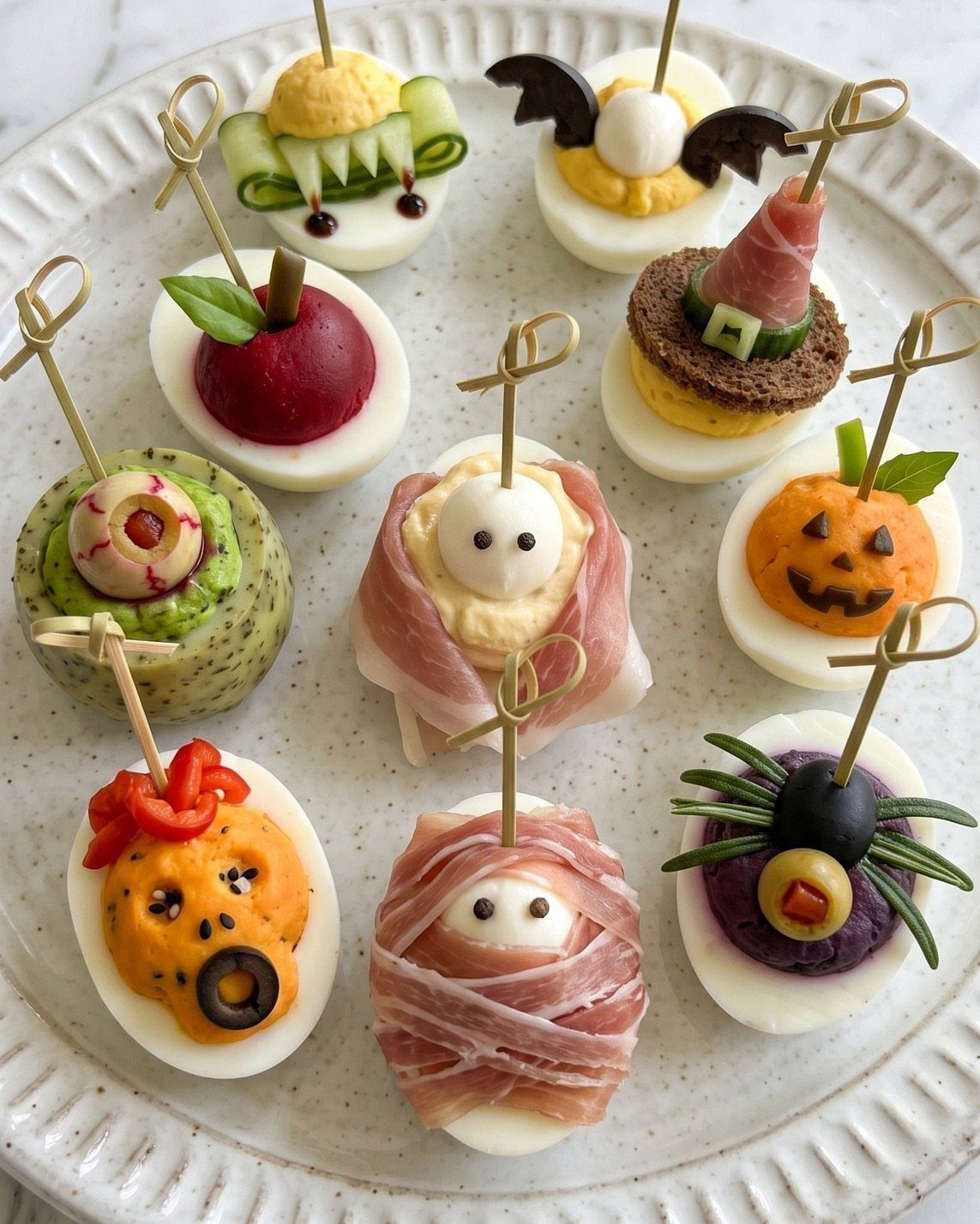 Assorted Halloween deviled eggs including a pumpkin, mummy, and eyeball on a platter.