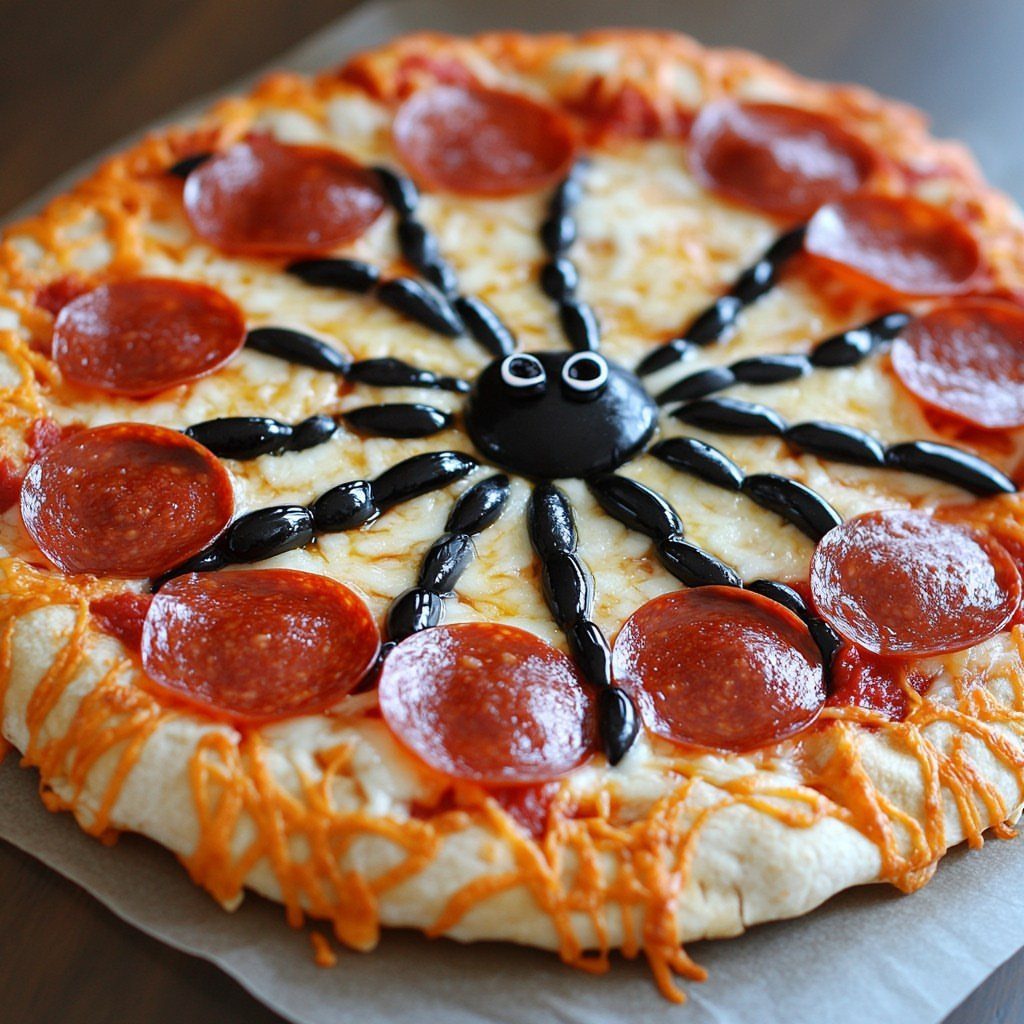 Pepperoni pizza with black olives arranged to look like a large spider