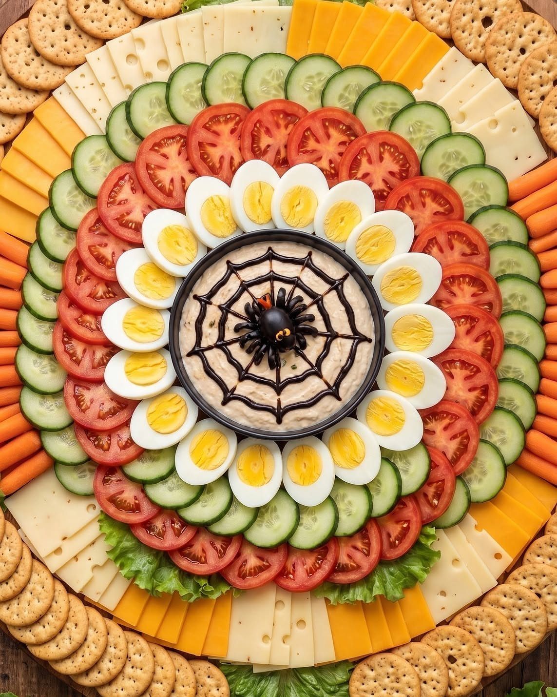 Spiderweb layered dip surrounded by rings of eggs, tomatoes, cucumbers, cheese, and crackers.