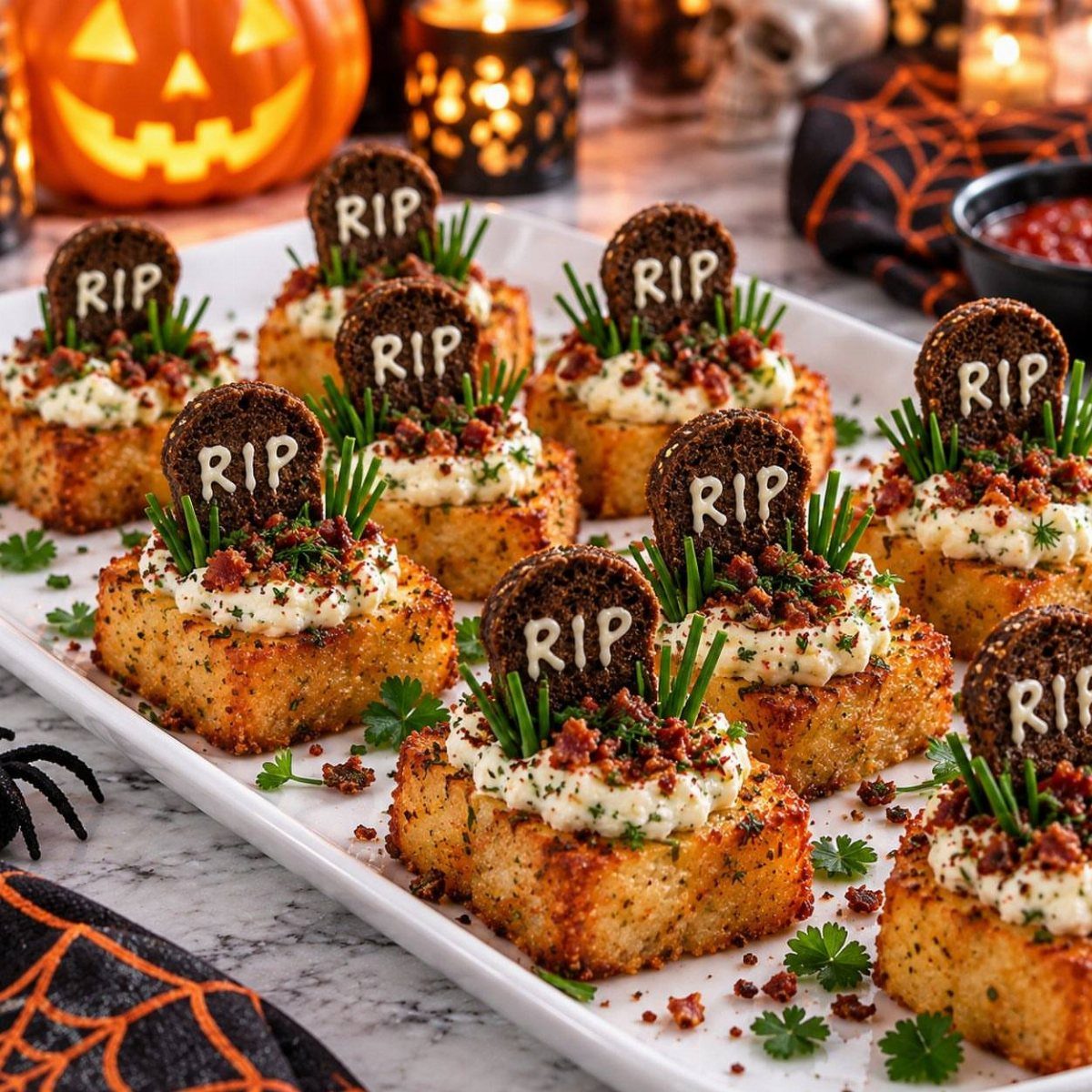 Toasted bread appetizers topped with cream cheese and RIP tombstone crackers on a platter.