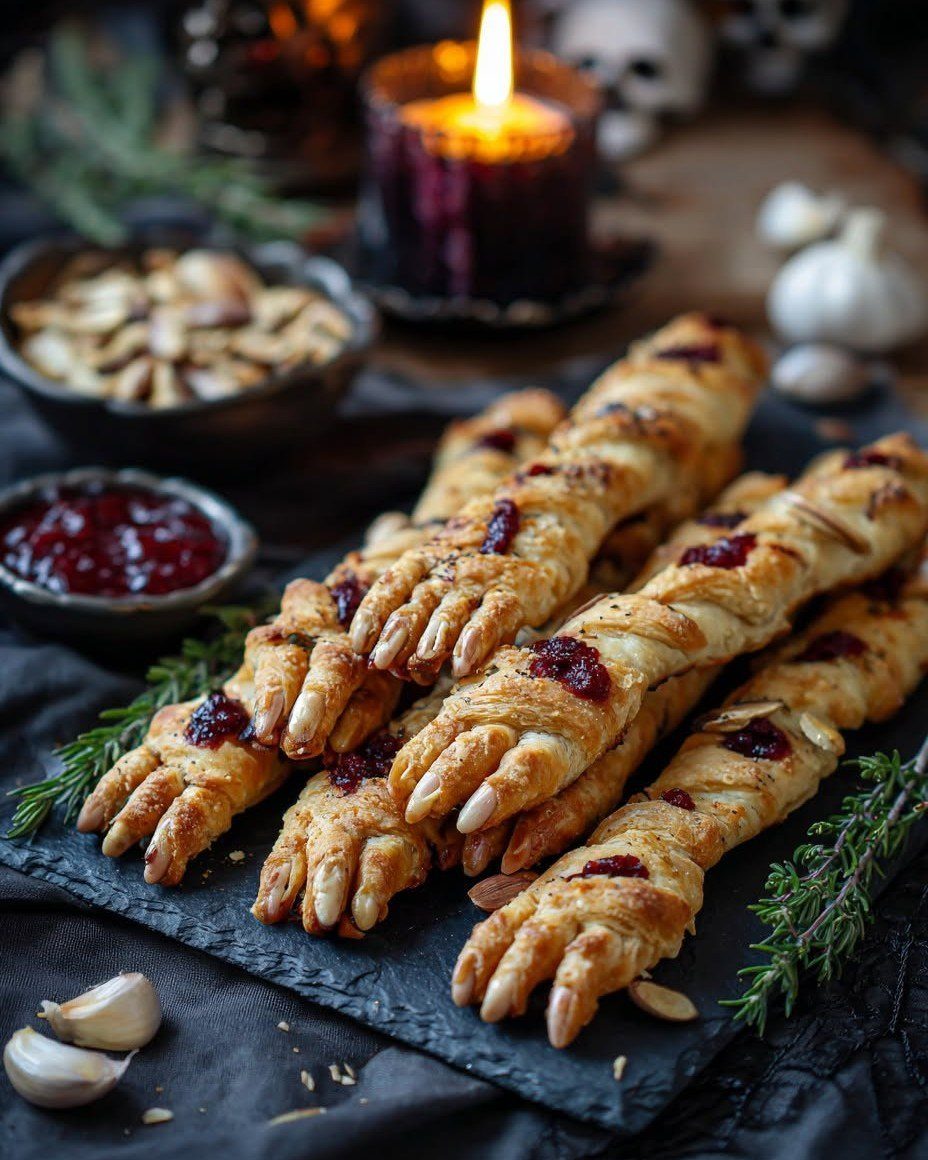 Witch finger breadsticks with almond nails and red jam on a slate platter.