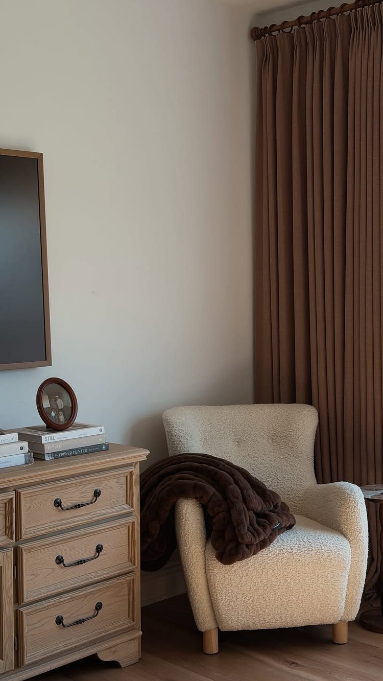Cream bouclé armchair with a brown faux-fur throw blanket in a cozy room.