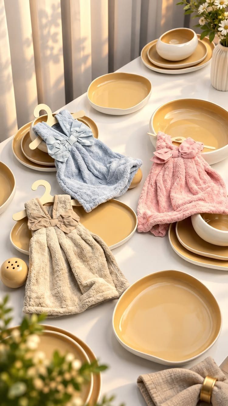Dress-shaped microfiber cleaning cloths on miniature hangers atop a set dining table.