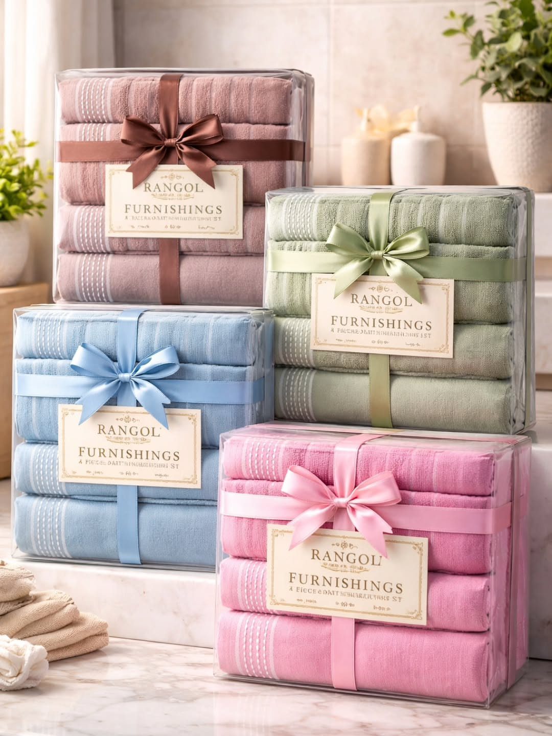 Folded plush towels in pastel colors wrapped in clear boxes with satin ribbons.