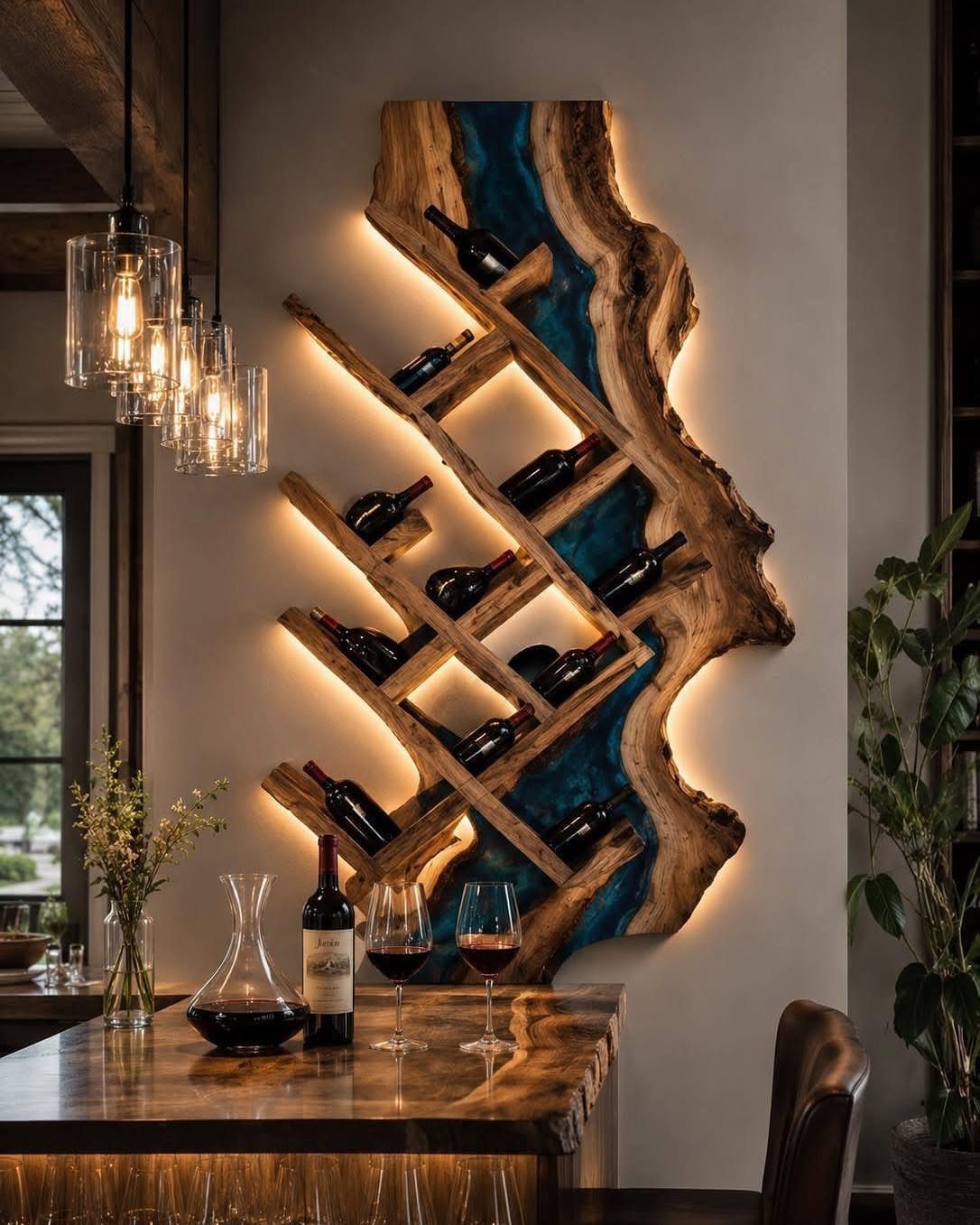 Wall-mounted live-edge wood wine rack with blue resin and backlit glow.