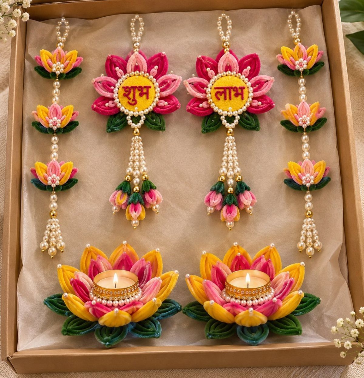 Handmade Indian lotus decorations and tea light holders in a gift box