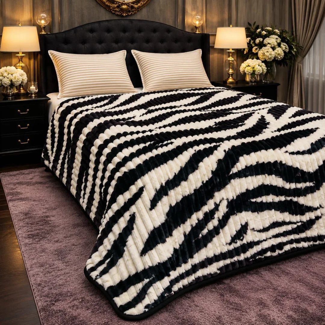 Zebra-print plush throw blanket draped over a bed with a black headboard.