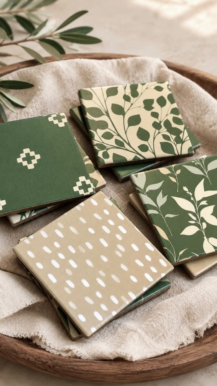 Square decorative coasters with green botanical patterns resting in a wooden tray.