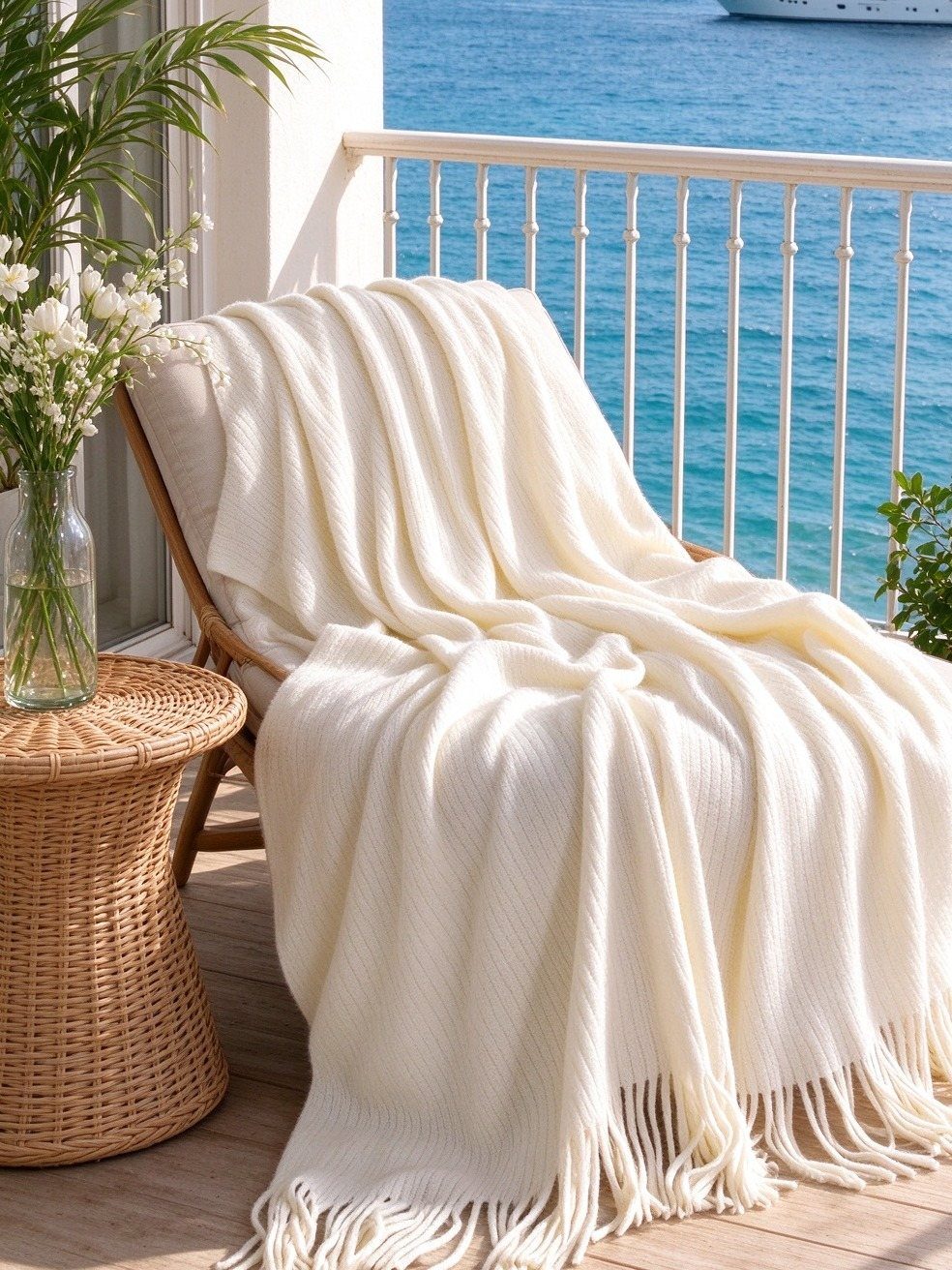 Cream knitted throw blanket draped over a wooden chair on a sunny balcony