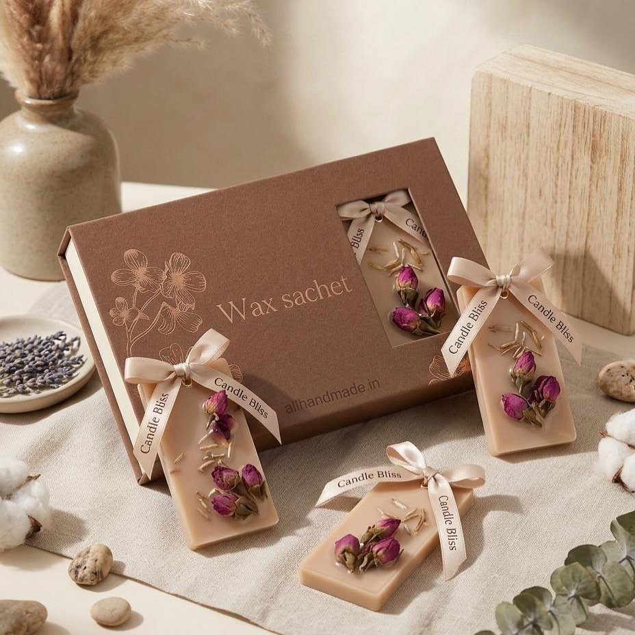Beige wax sachets with dried rosebuds and ribbons next to a brown box.