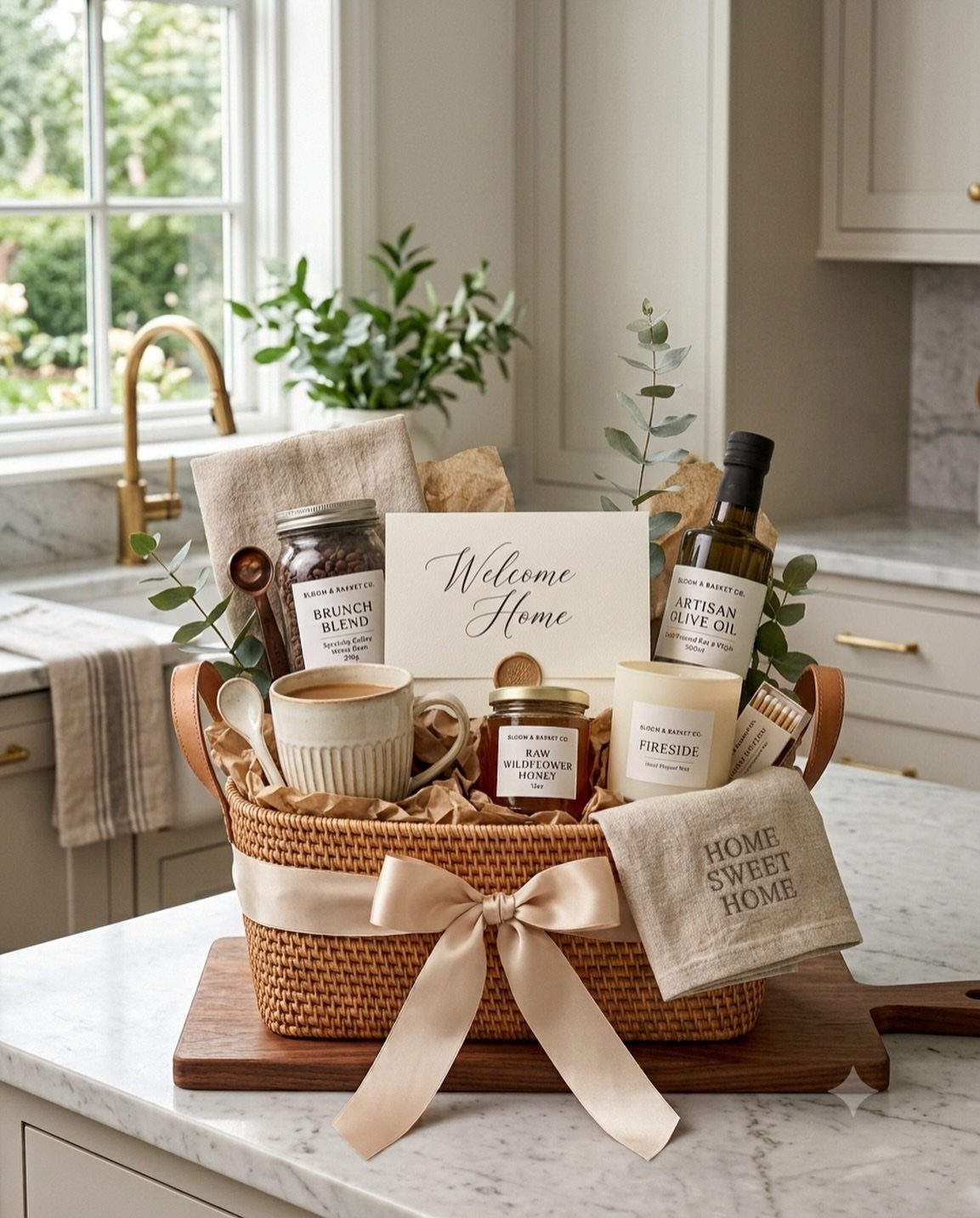 Woven wicker gift basket filled with gourmet food and home goods on a counter