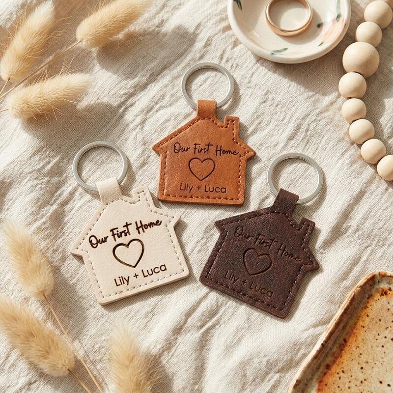 House-shaped leather keychains engraved with Our First Home and names on white fabric.