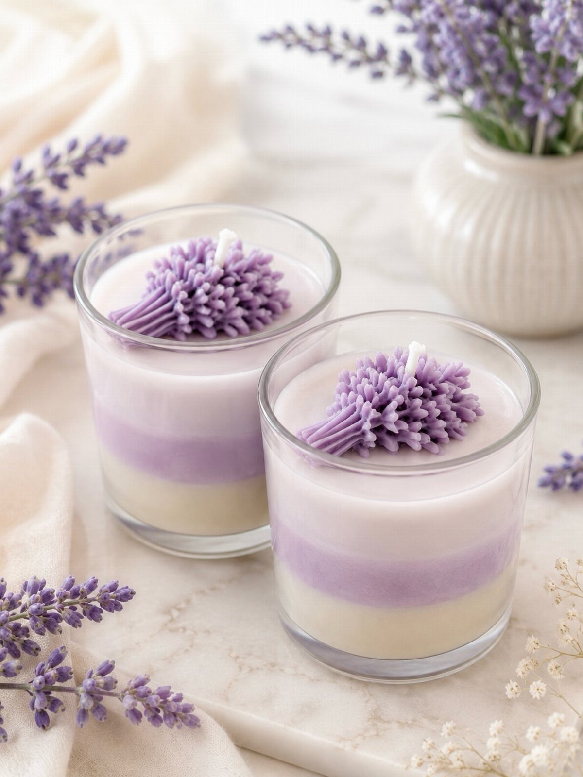 Two layered purple and white candles decorated with lavender wax on marble.