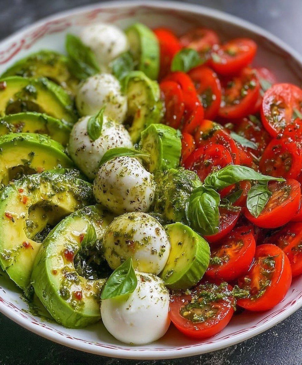 Avocado, mozzarella balls, and cherry tomatoes drizzled with pesto in a white bowl.
