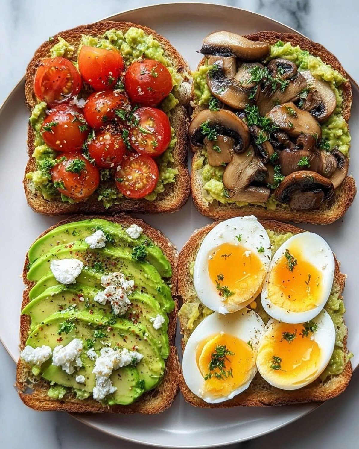 Avocado toast platter with cherry tomatoes, mushrooms, sliced avocado, and soft boiled eggs.