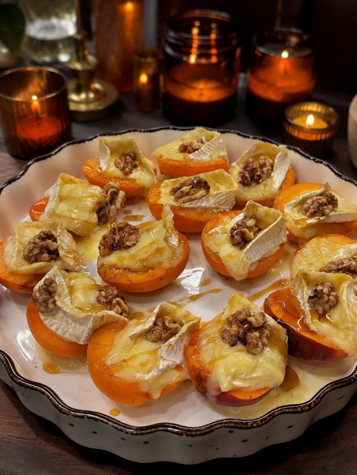 Apricot halves topped with melted brie and walnuts on a white platter