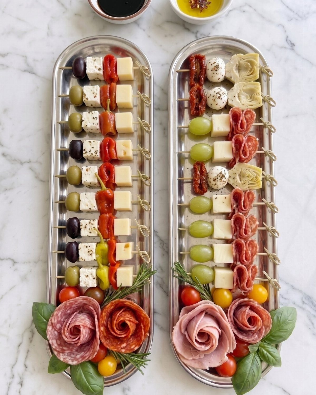 Italian skewers with olives, mozzarella, and tomatoes on silver platters with salami roses.