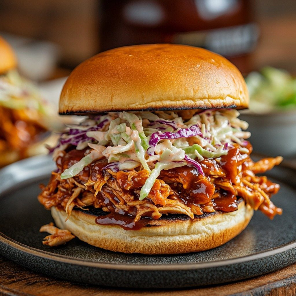 Pulled pork sandwich with barbecue sauce and coleslaw on a dark plate