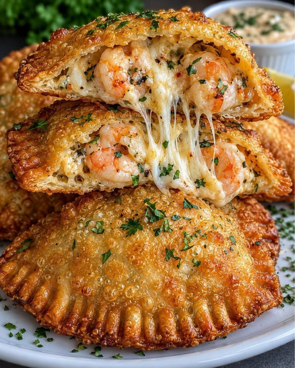 Fried shrimp and cheese empanadas stacked on a plate with melted cheese stretching.