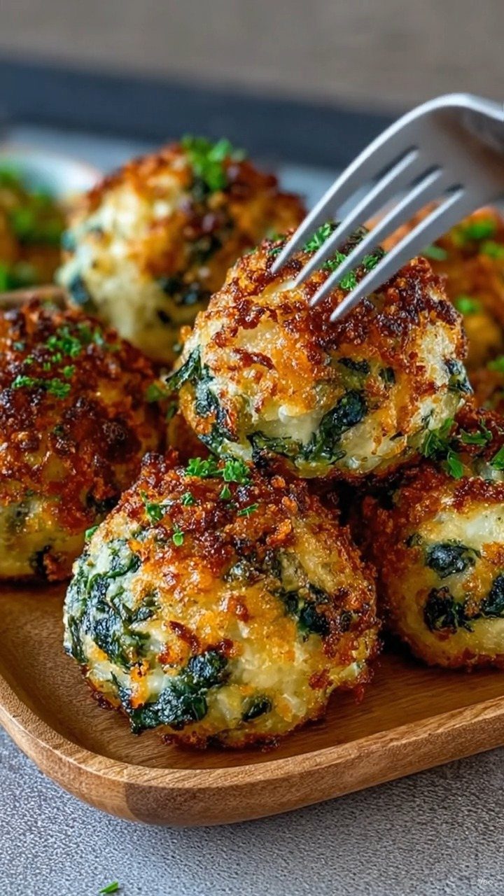 Fried spinach balls with melted cheese on a wooden platter with a fork.