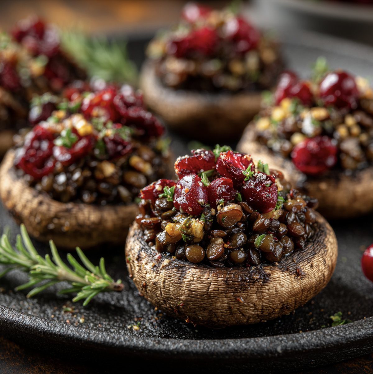Stuffed mushroom caps filled with lentils and topped with red dried cranberries.