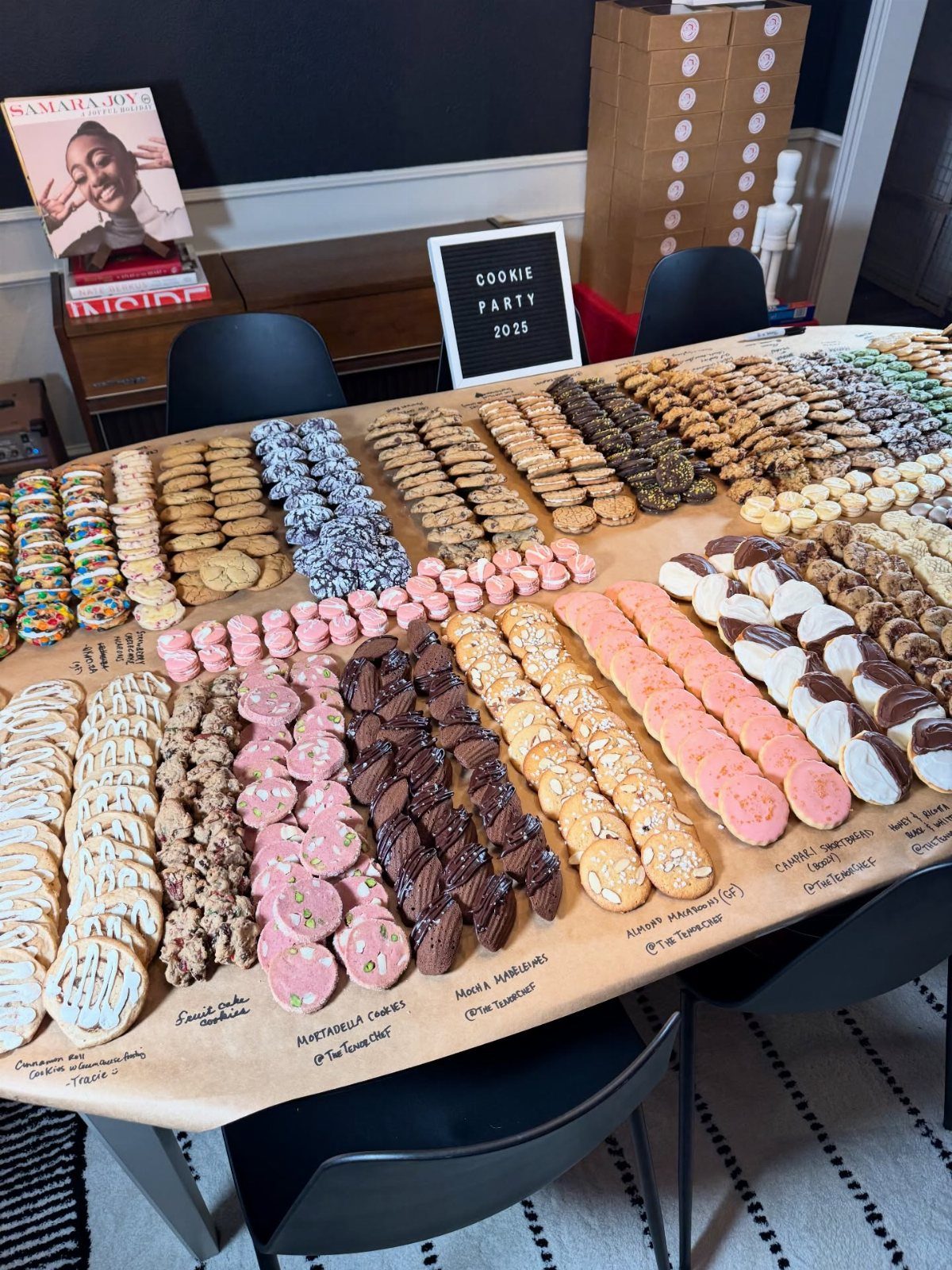 Assorted cookies arranged in rows on a table for a cookie party.