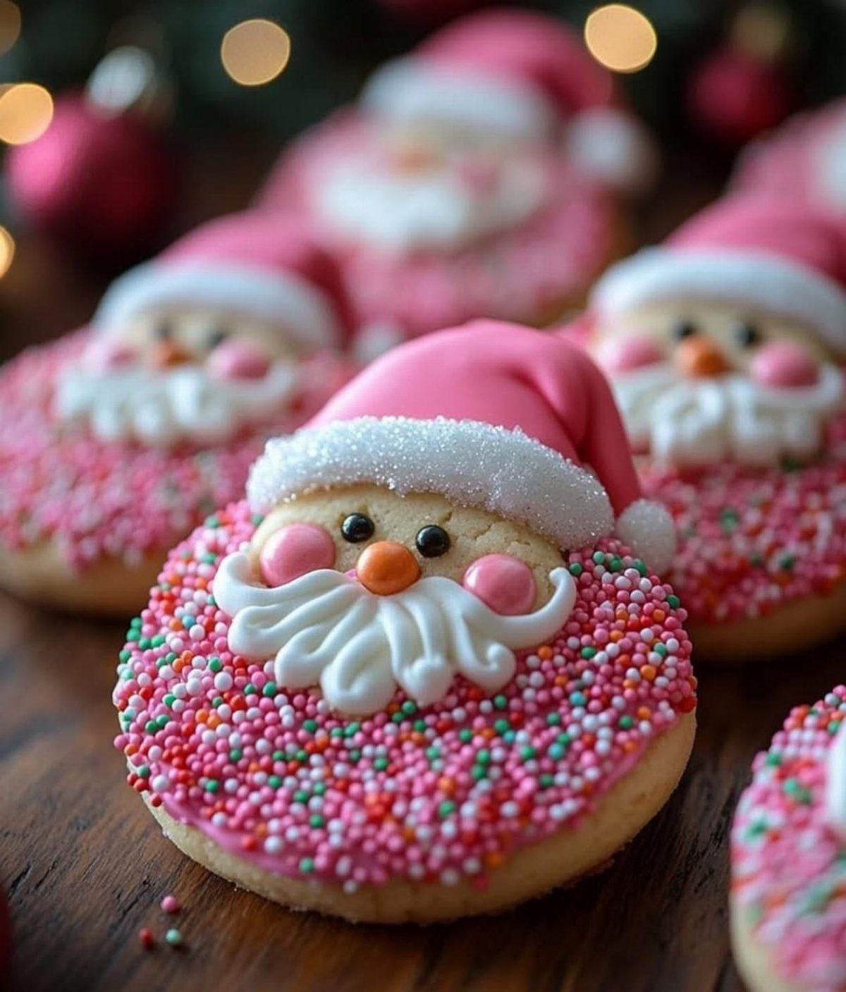 Santa Claus sugar cookies decorated with pink icing and colorful sprinkles on wood.