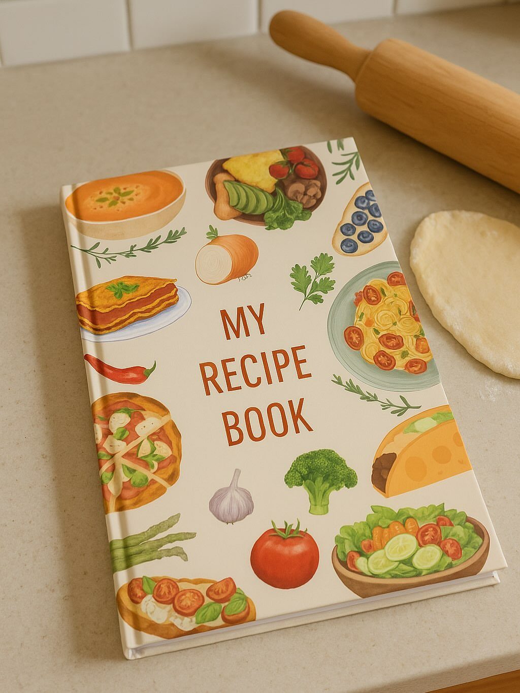 Recipe book with food illustrations on a counter with a rolling pin
