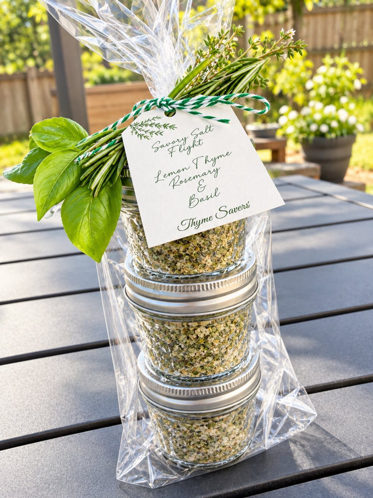 Three jars of infused sea salts wrapped in cellophane with fresh herbs and tag.
