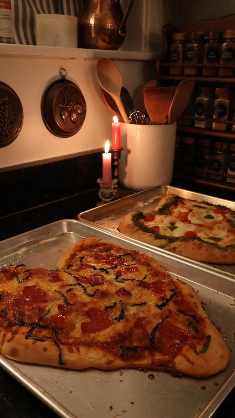 Heart-shaped pizzas with basil and cheese on baking sheets with lit red candles.