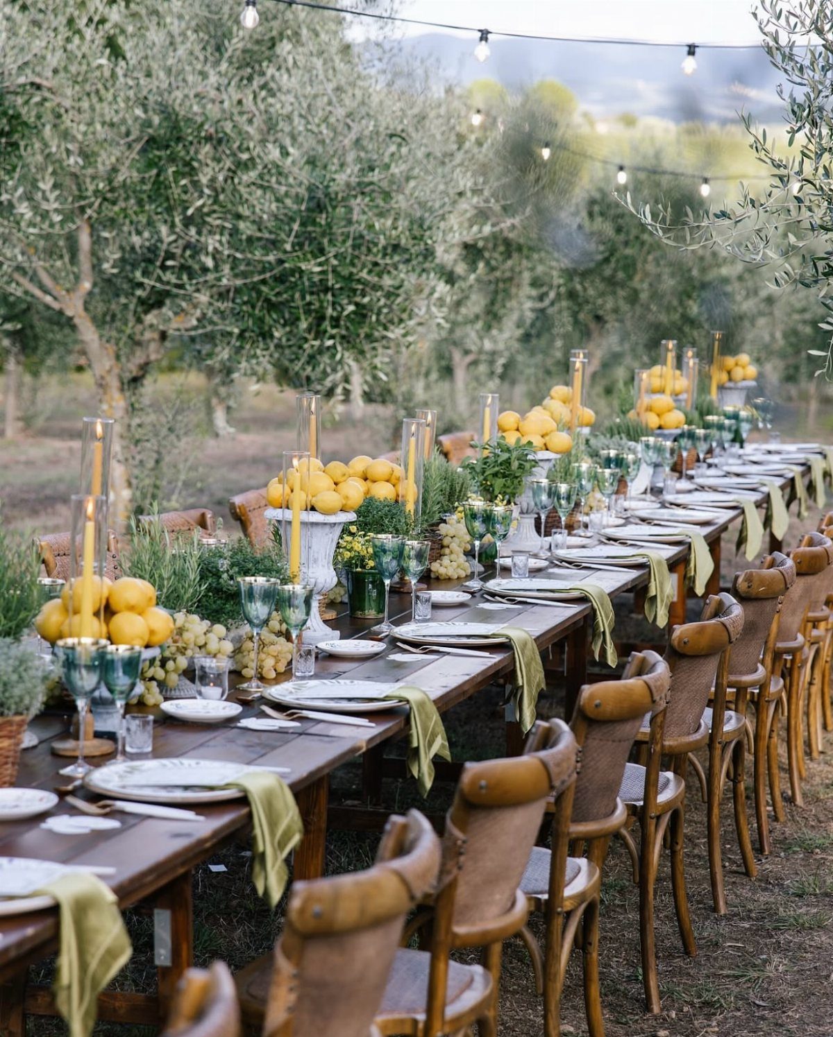Long wooden table with rustic Italian settings, lemons, and blue glasses under olive trees.