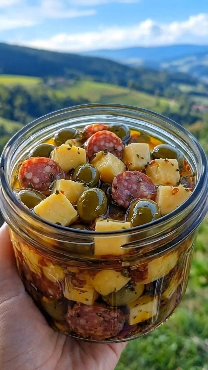 Marinated olives, cheese, and salami in a glass jar held against hills.
