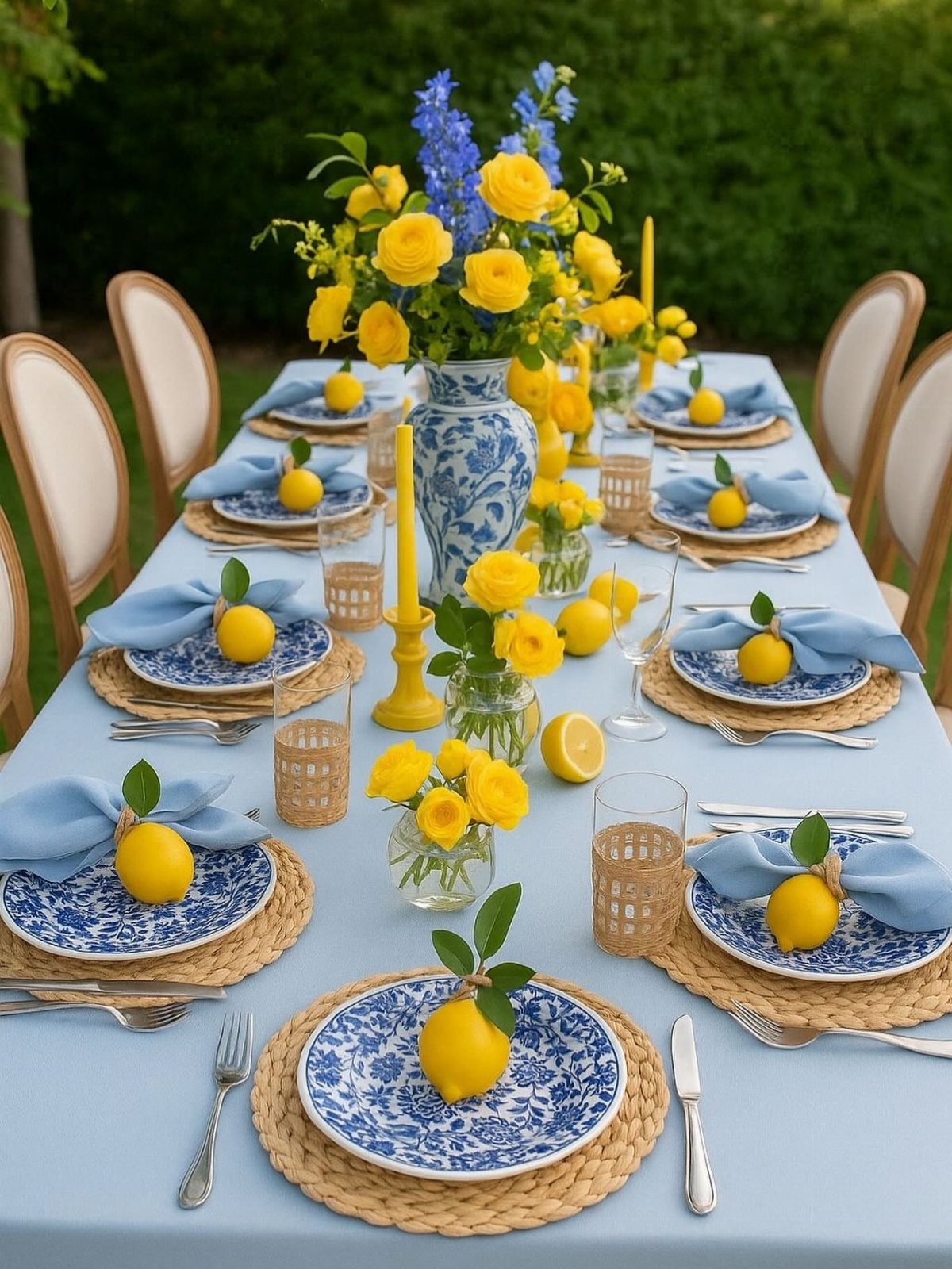 Blue and white patterned plates with lemons and blue napkins on a table.
