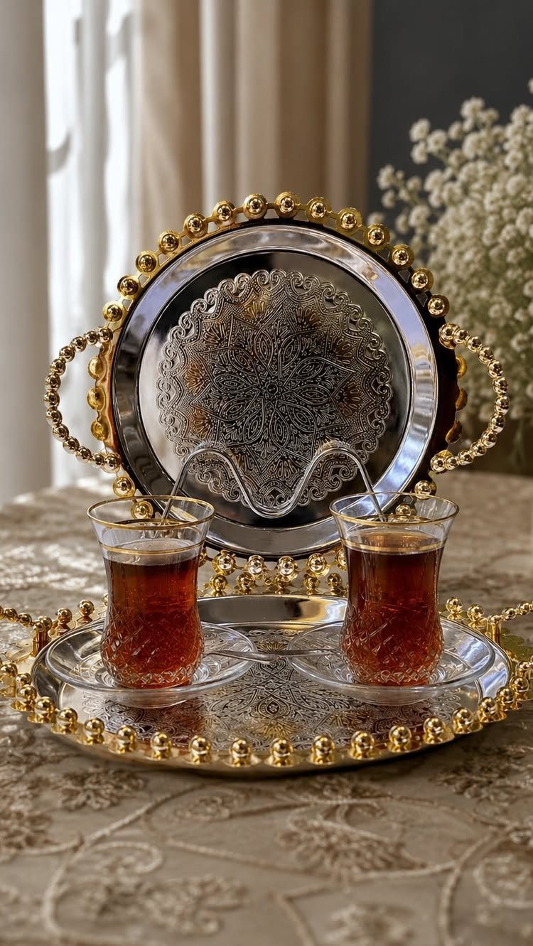 Ornate gold and silver serving tray with two glasses of tea on tablecloth