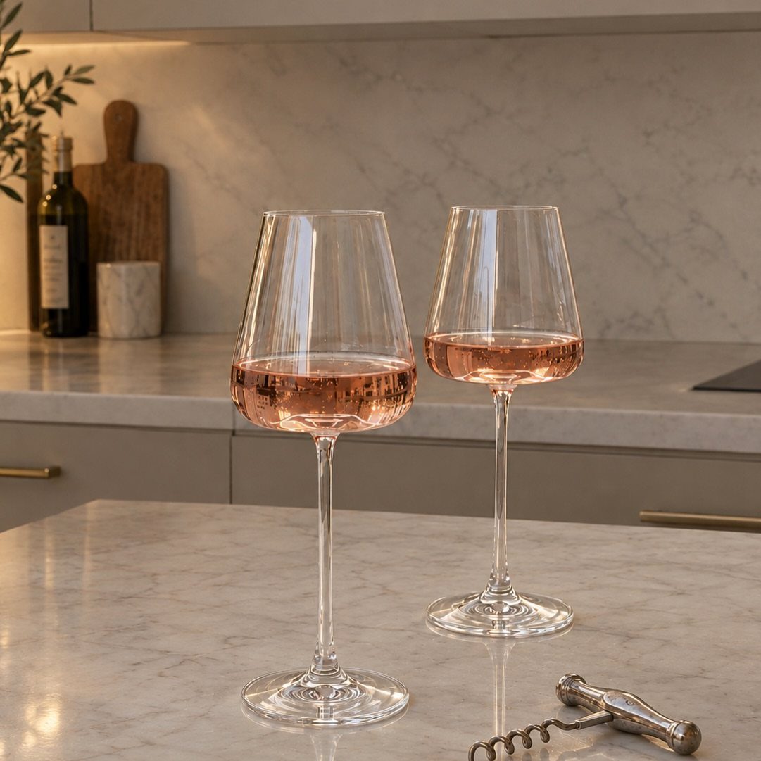 Two long-stemmed wine glasses with rosé wine on a white marble kitchen counter.