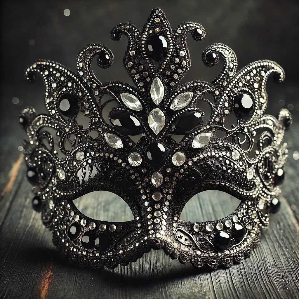 Ornate black masquerade mask with silver glitter and gemstones on dark wood.