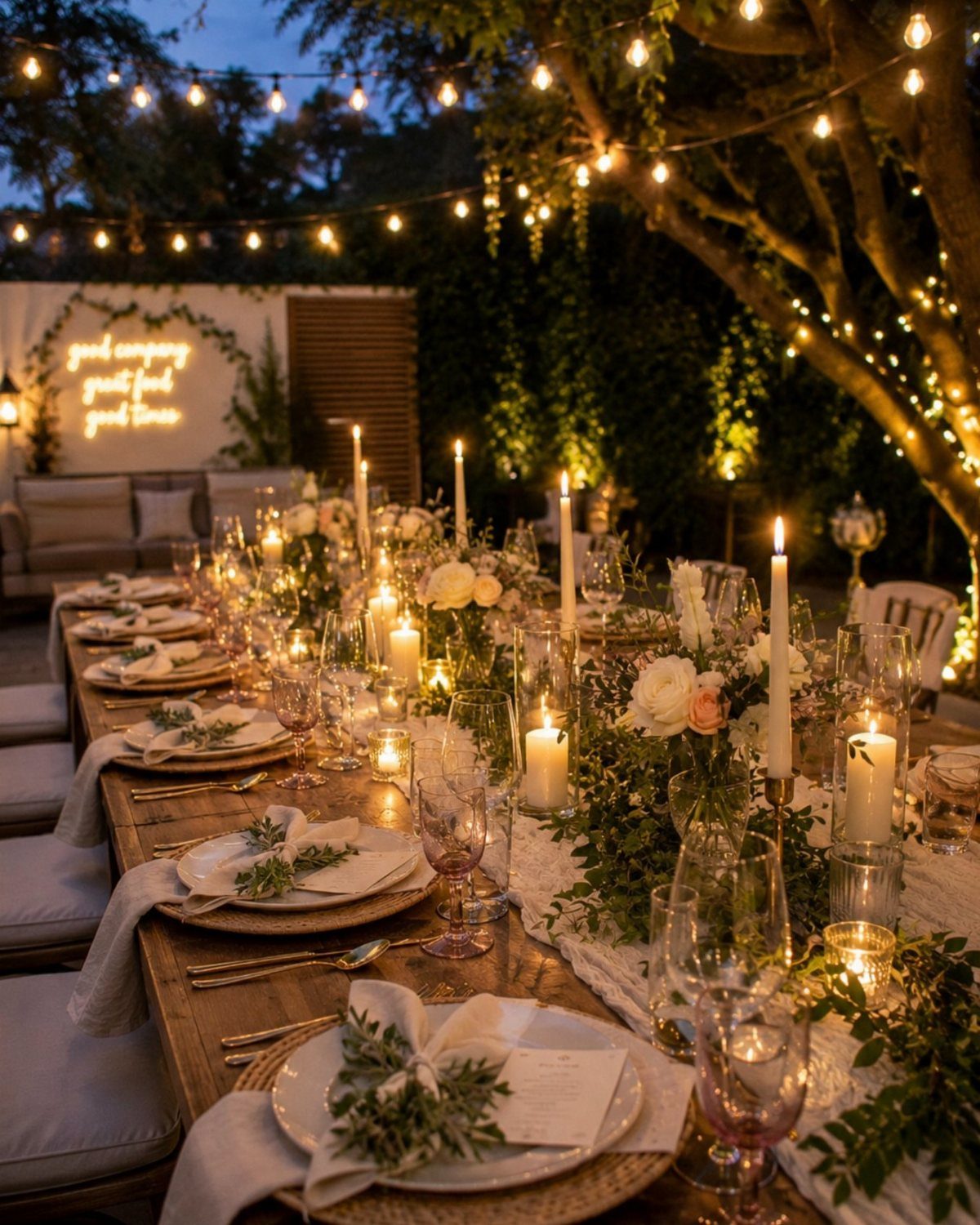 Elegant outdoor dinner table setting with white flowers, candles, and overhead string lights.