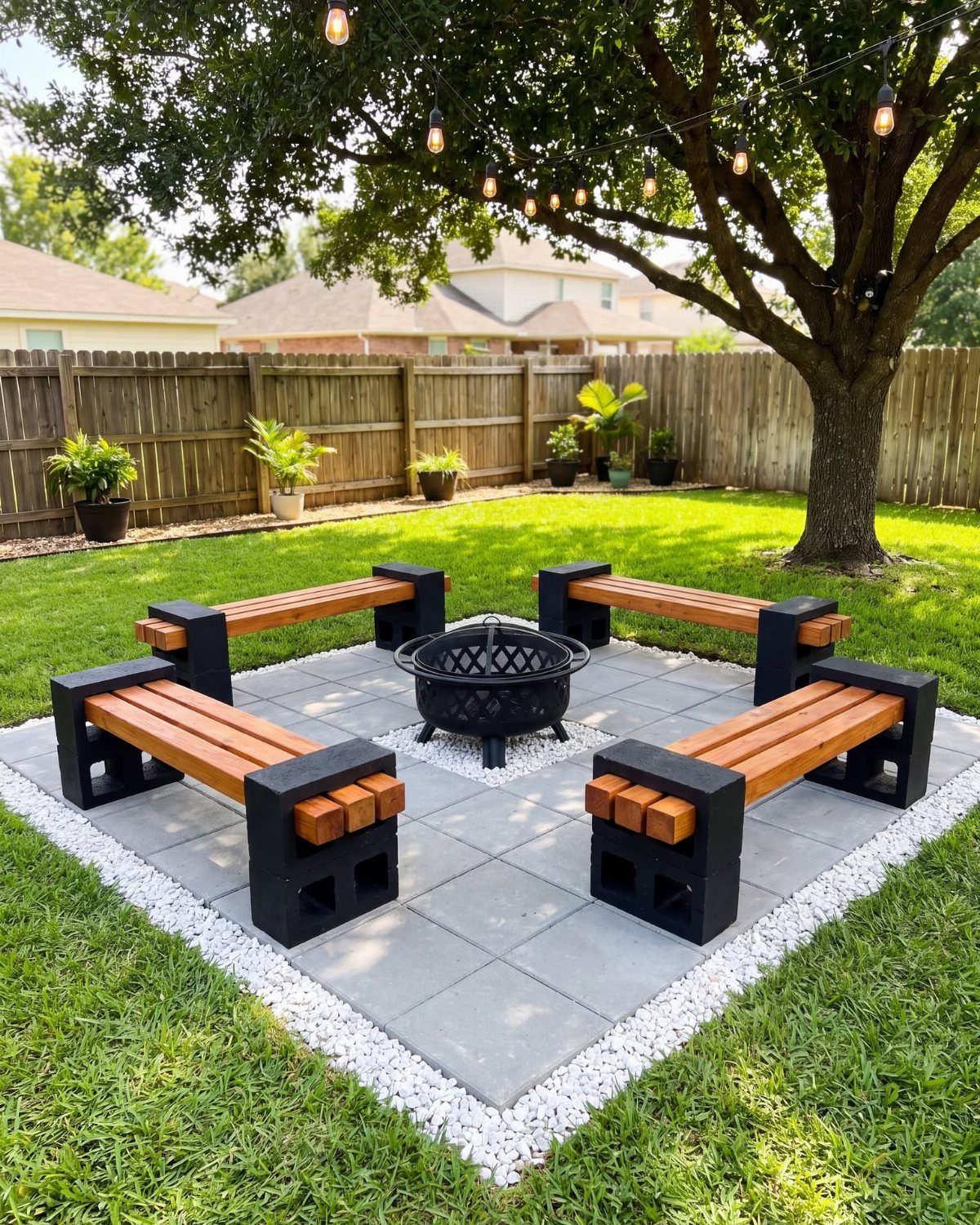 Wooden benches and a fire pit arranged on a patio in a backyard.