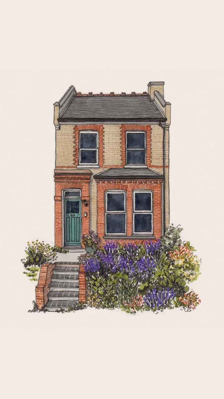Watercolor illustration of a brick house with a teal door and purple flowers.