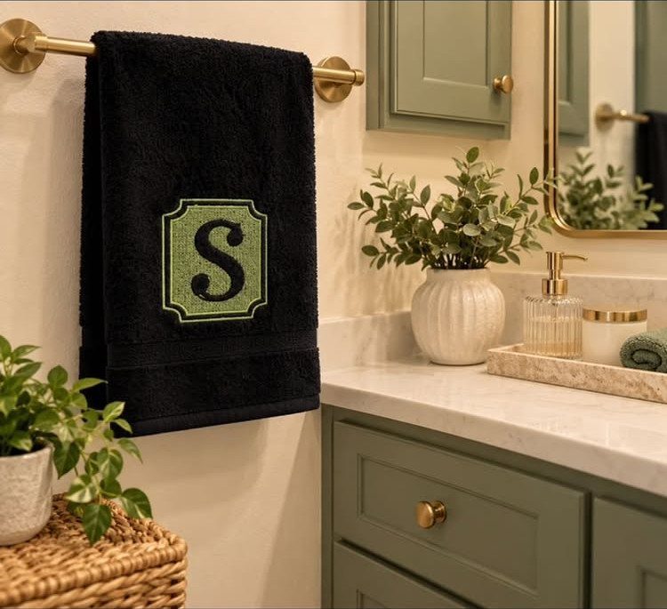 Black hand towel with embroidered letter S hanging in a modern green bathroom